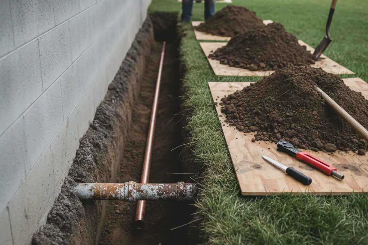 Excavated water line trench during Water Heater Repair in Brandeis